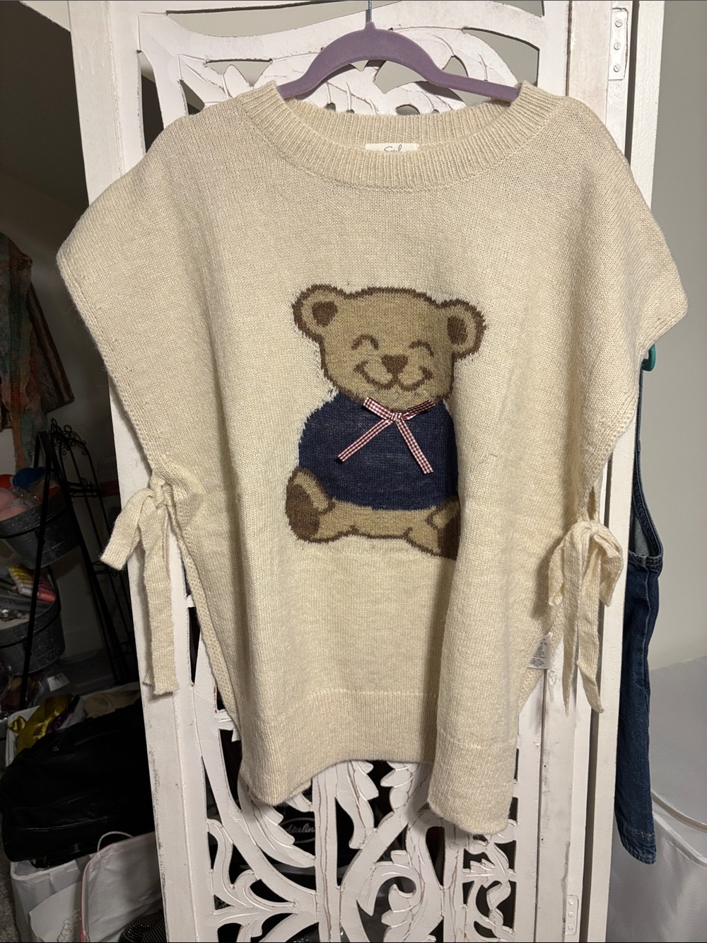 Cozy Cream Teddy Sweater Vest with Bow Detail